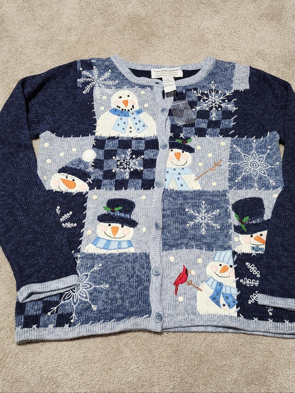 Tiara International Christmas Sweater Cardigan Snowman Blue Small Vintage NWT